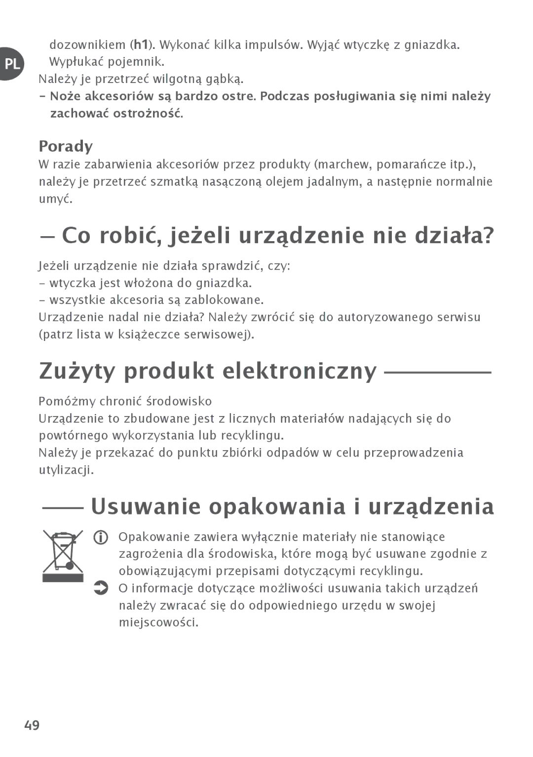 Tefal FP4111AJ Co robić, jeżeli urządzenie nie działa?, Zużyty produkt elektroniczny, Usuwanie opakowania i urządzenia 