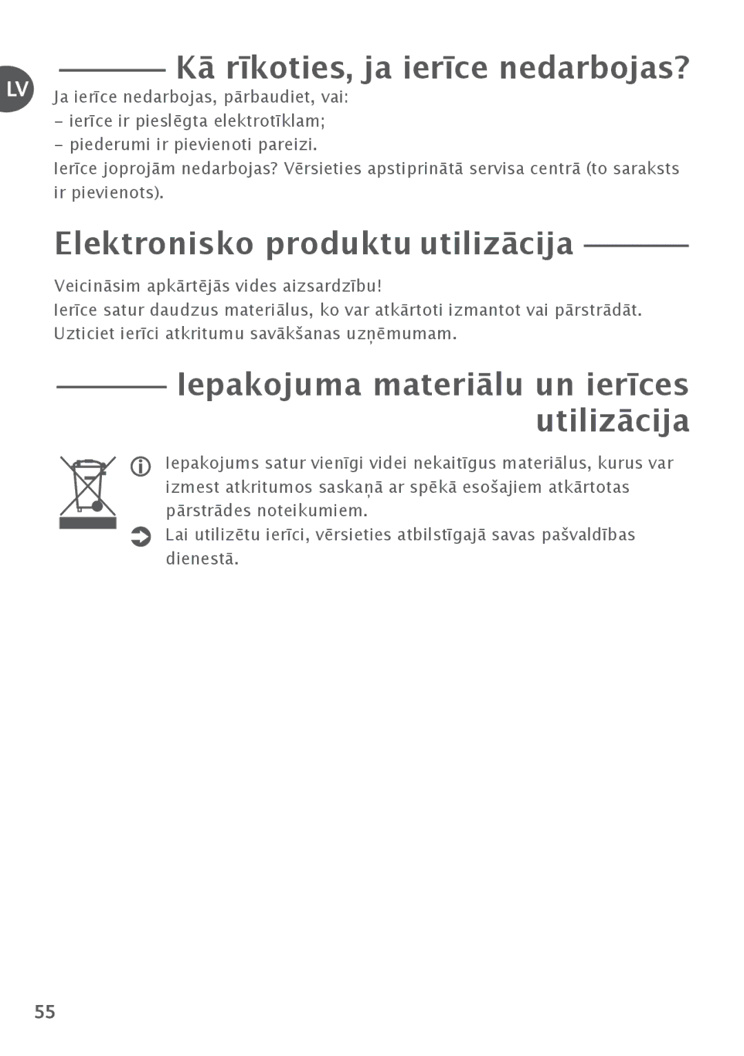 Tefal FP4111B4, FP4111AJ, FP4121B4, FP4101A7, FP652DBM Kā rīkoties, ja ierīce nedarbojas?, Elektronisko produktu utilizācija 