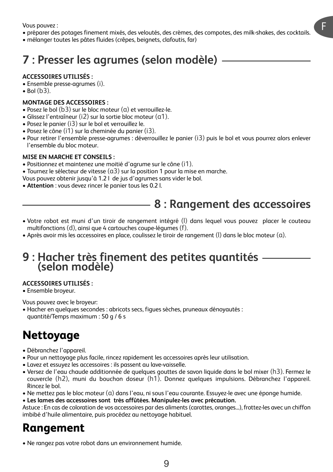 Tefal DO250DCH, FP652DB7 manual Presser les agrumes selon modèle, Rangement des accessoires, Nettoyage 