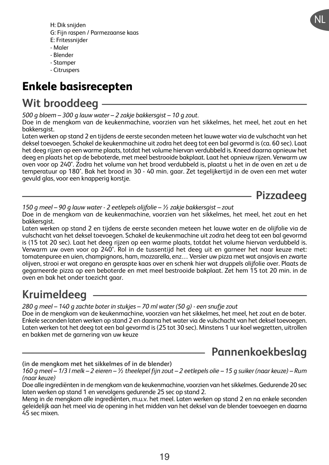 Tefal DO250DCH, FP652DB7 manual Enkele basisrecepten, Wit brooddeeg, Pizzadeeg, Kruimeldeeg, Pannenkoekbeslag 