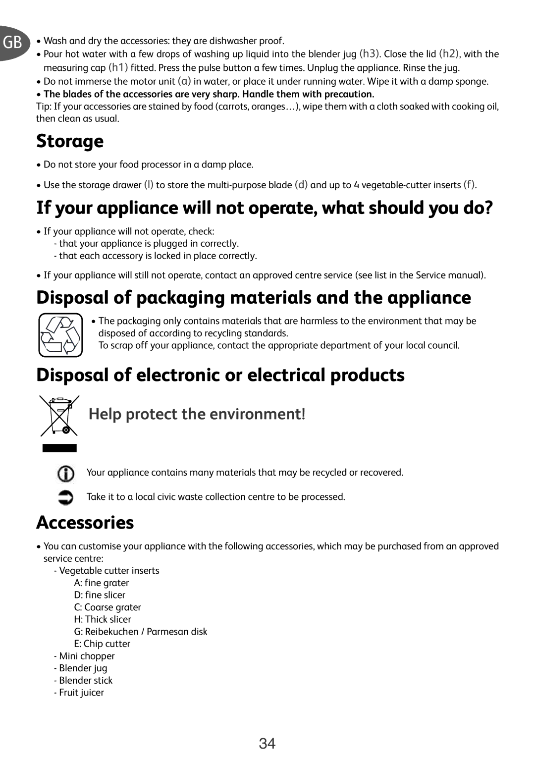 Tefal FP652DB7, DO250DCH manual Storage, If your appliance will not operate, what should you do?, Accessories 