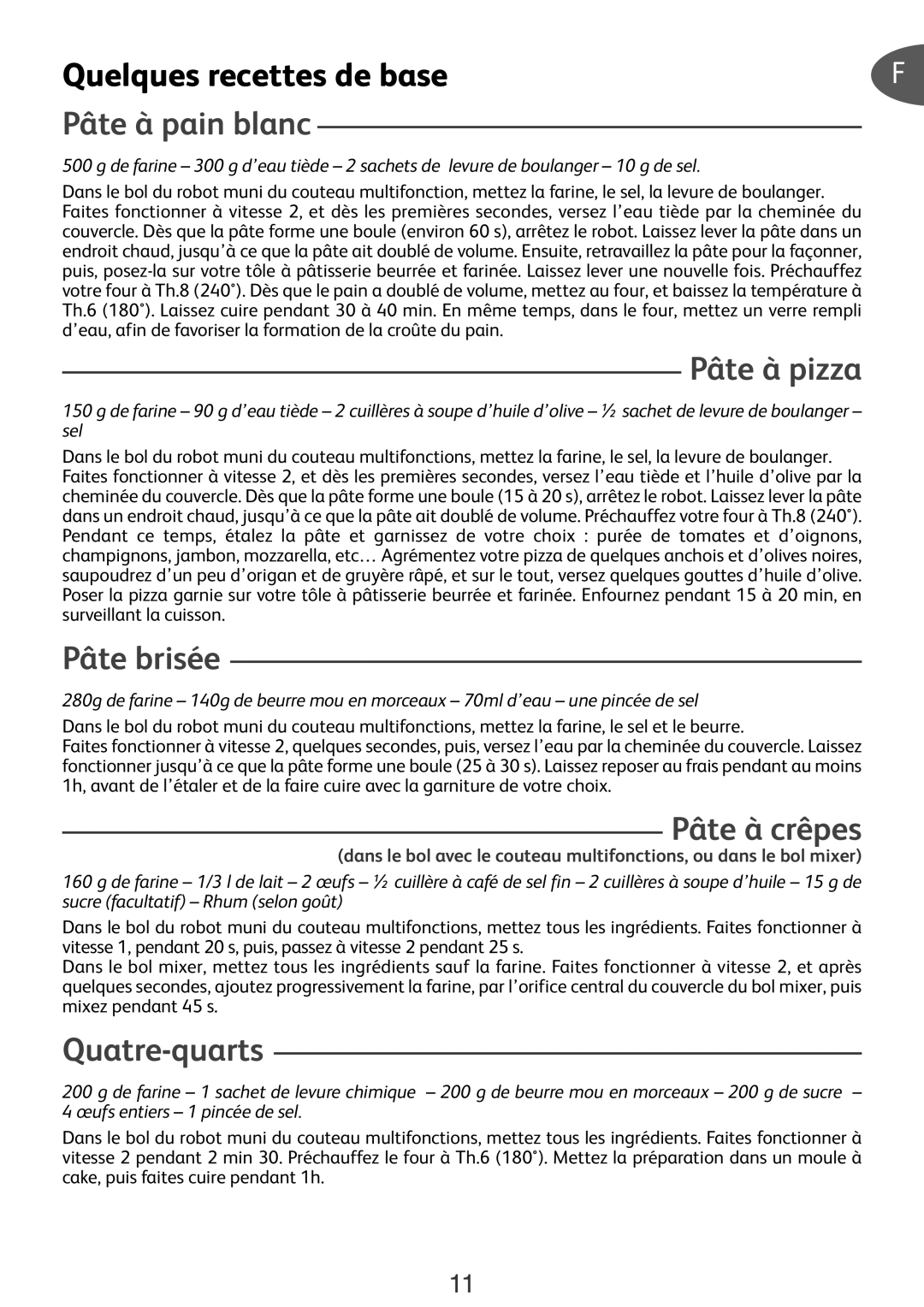 Tefal DO250DCH manual Quelques recettes de base, Pâte à pain blanc, Pâte à pizza, Pâte brisée, Pâte à crêpes, Quatre-quarts 