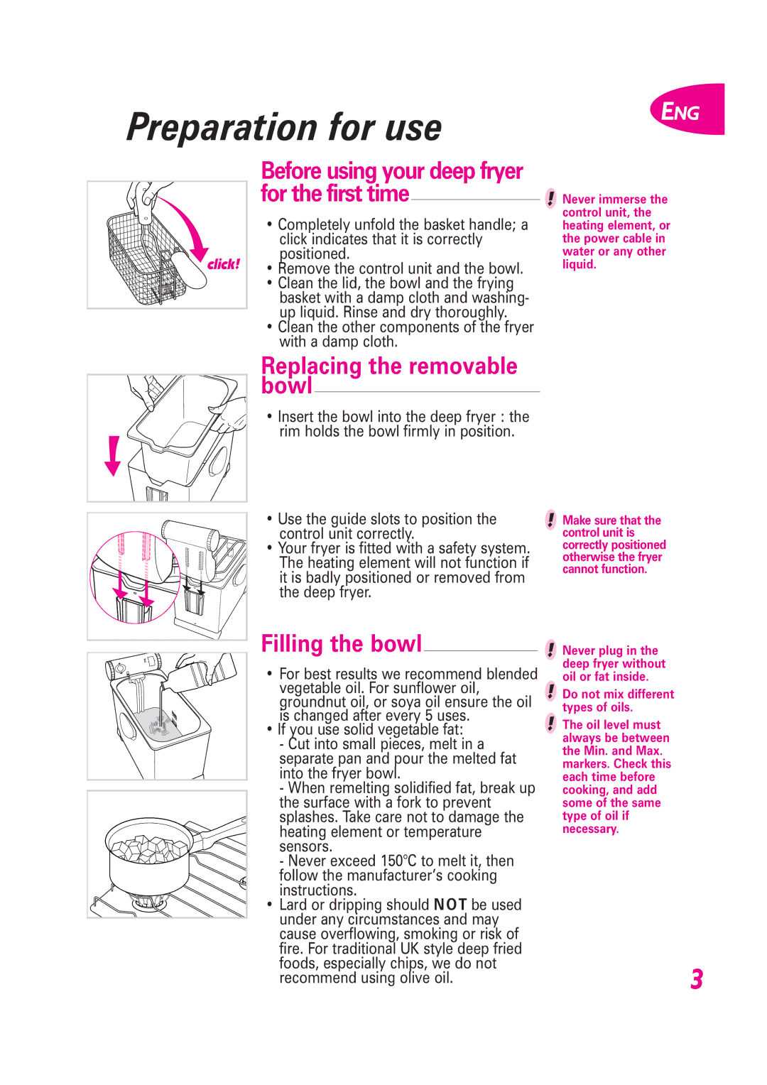 Tefal FR400833, FR400871, FR400870, FR400831, FR400832, FR400834, FR400851 manual Replacing the removable bowl, Filling the bowl 