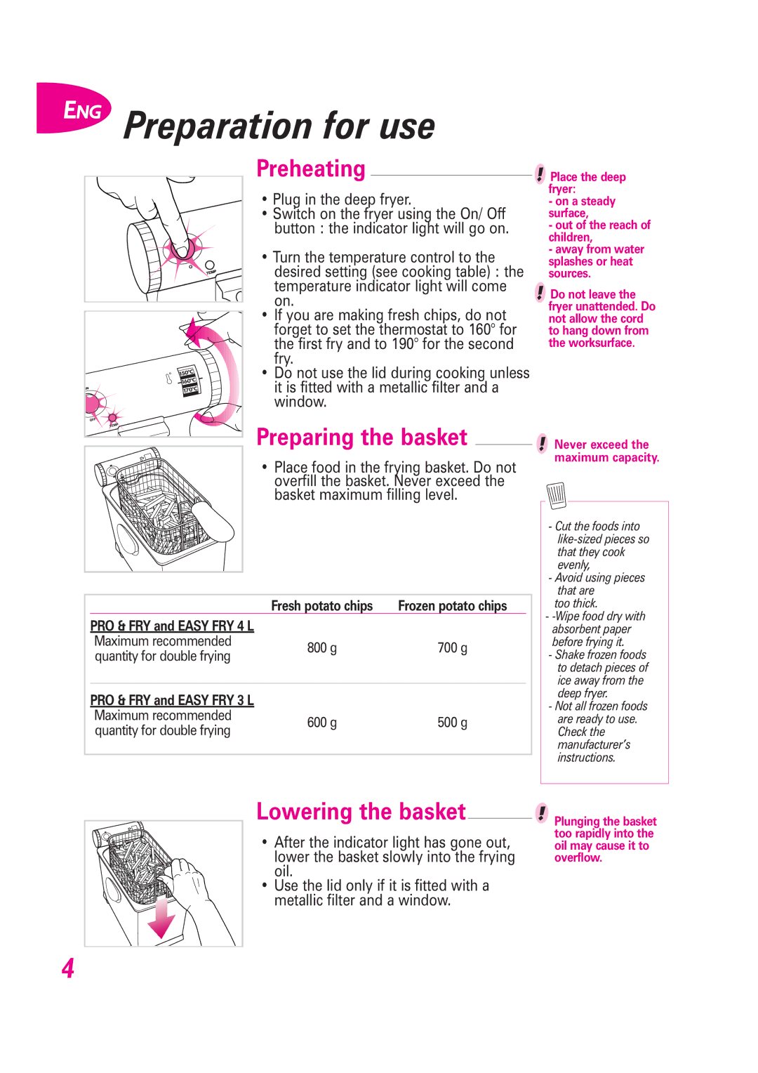 Tefal FR400851, FR400871, FR400870, FR400831, FR400832, FR400834 ENG Preparation for use, Preheating, Preparing the basket 