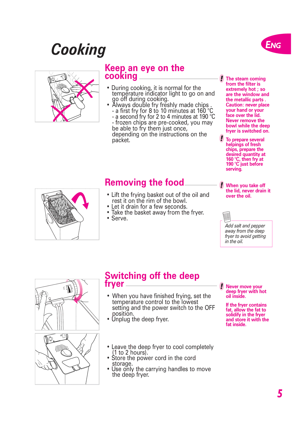 Tefal FR400854, FR400871, FR400870 Cooking, Keep an eye on the cooking, Removing the food, Switching off the deep fryer 