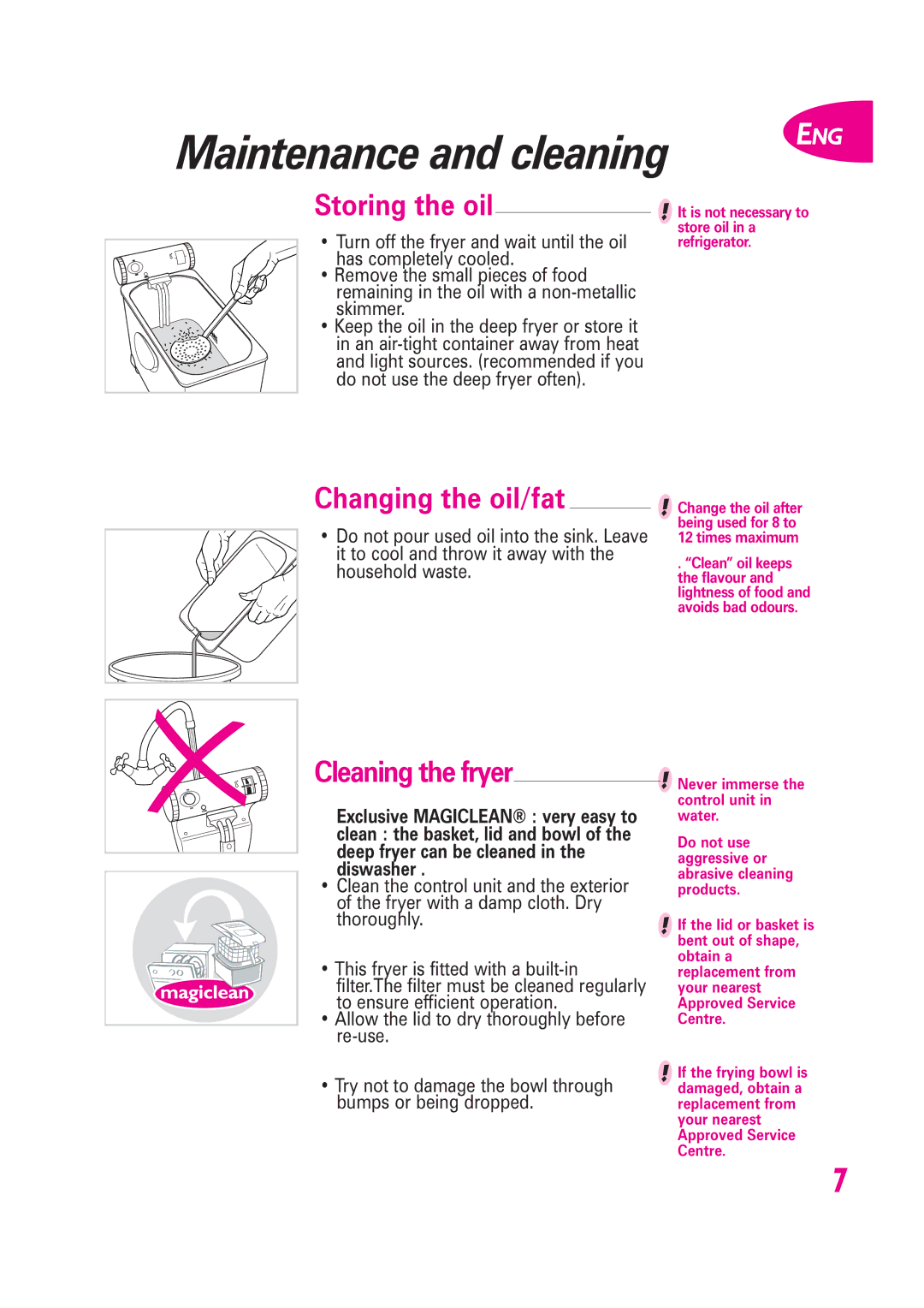 Tefal FR400852, FR400871, FR400870 manual Maintenance and cleaning, Storing the oil, Changing the oil/fat, Cleaning the fryer 