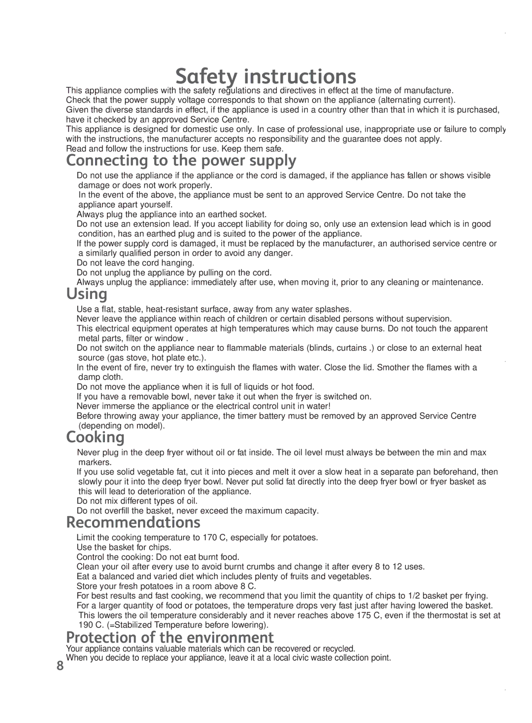 Tefal FR401515, FR401552 Connecting to the power supply, Using, Cooking, Recommendations, Protection of the environment 
