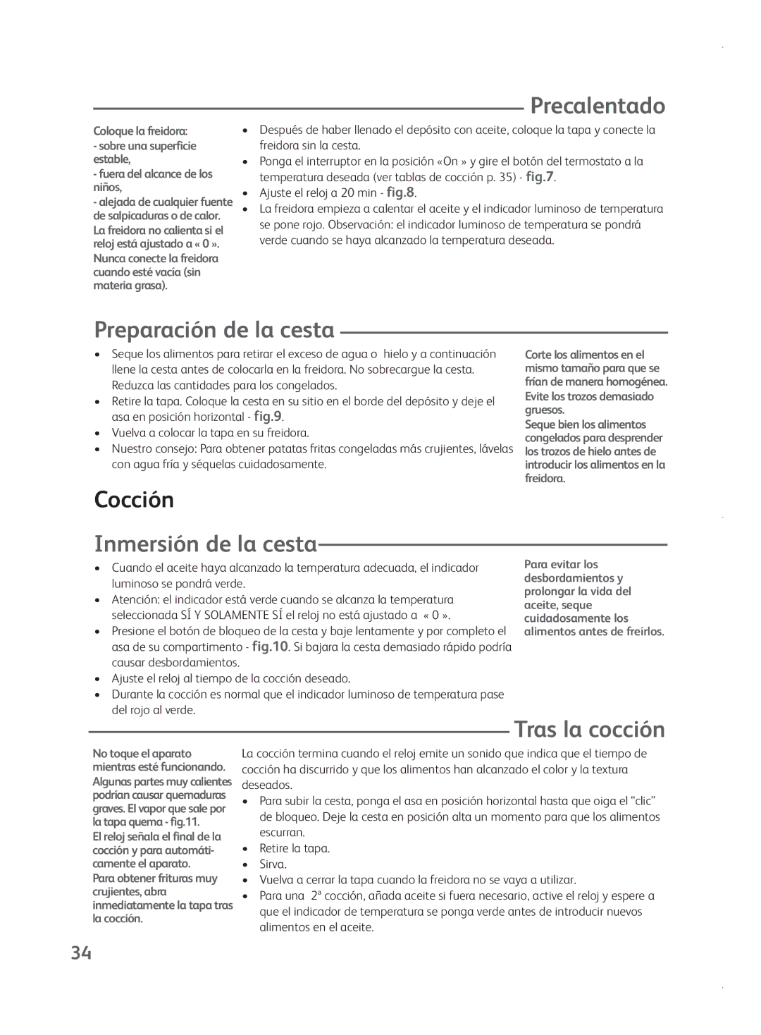 Tefal FR401552, FR401550, FR401515 Precalentado, Preparación de la cesta, Cocción, Inmersión de la cesta, Tras la cocción 