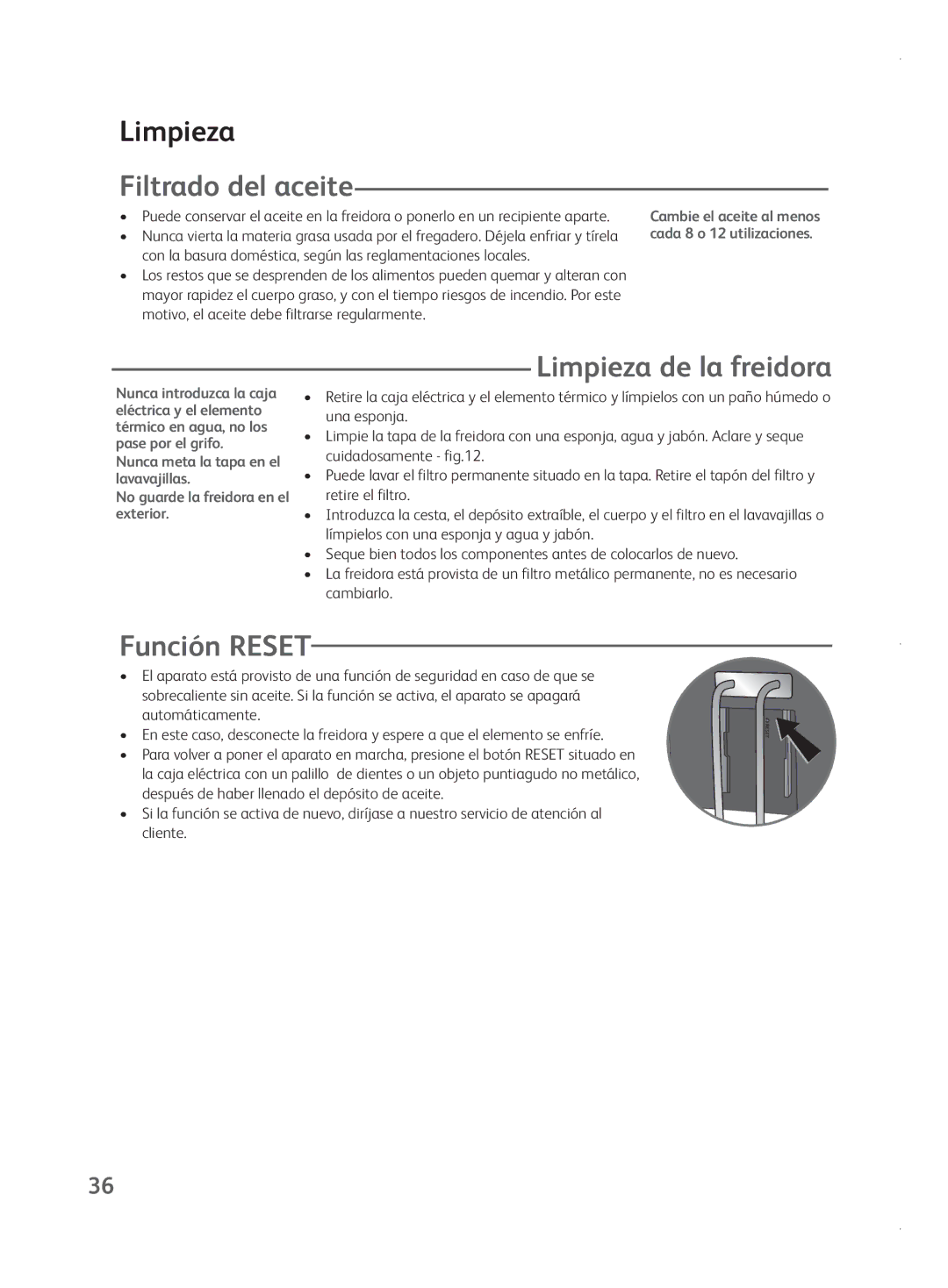 Tefal FR401515, FR401552, FR401550, FR401531 manual Filtrado del aceite, Limpieza de la freidora, Función Reset 