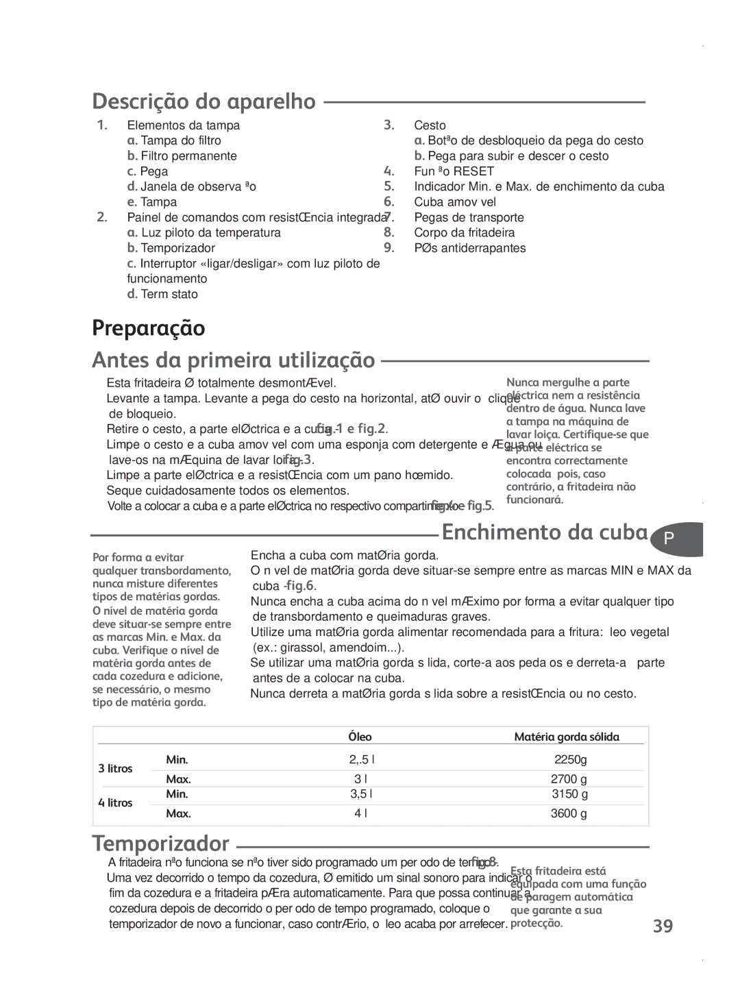 Tefal FR401550 manual Descrição do aparelho, Preparação, Antes da primeira utilização, Enchimento da cuba P, Temporizador 