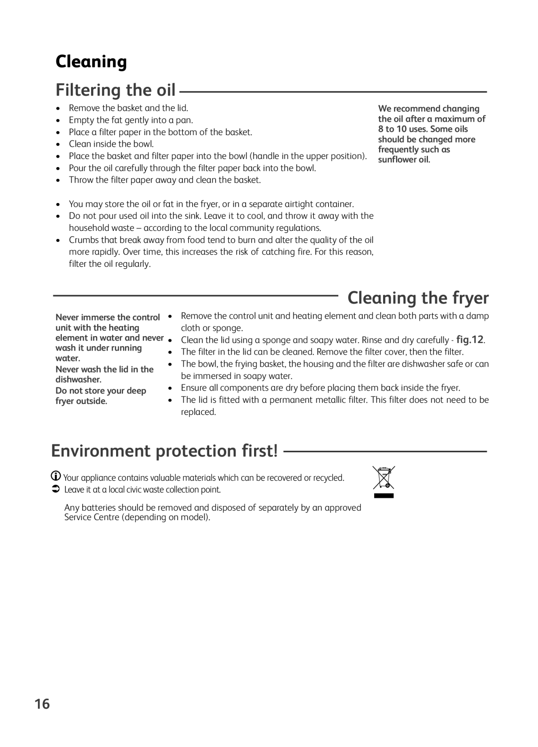 Tefal FR401652, FR401650, FR401670, FR401616 manual Filtering the oil, Cleaning the fryer, Environment protection first 