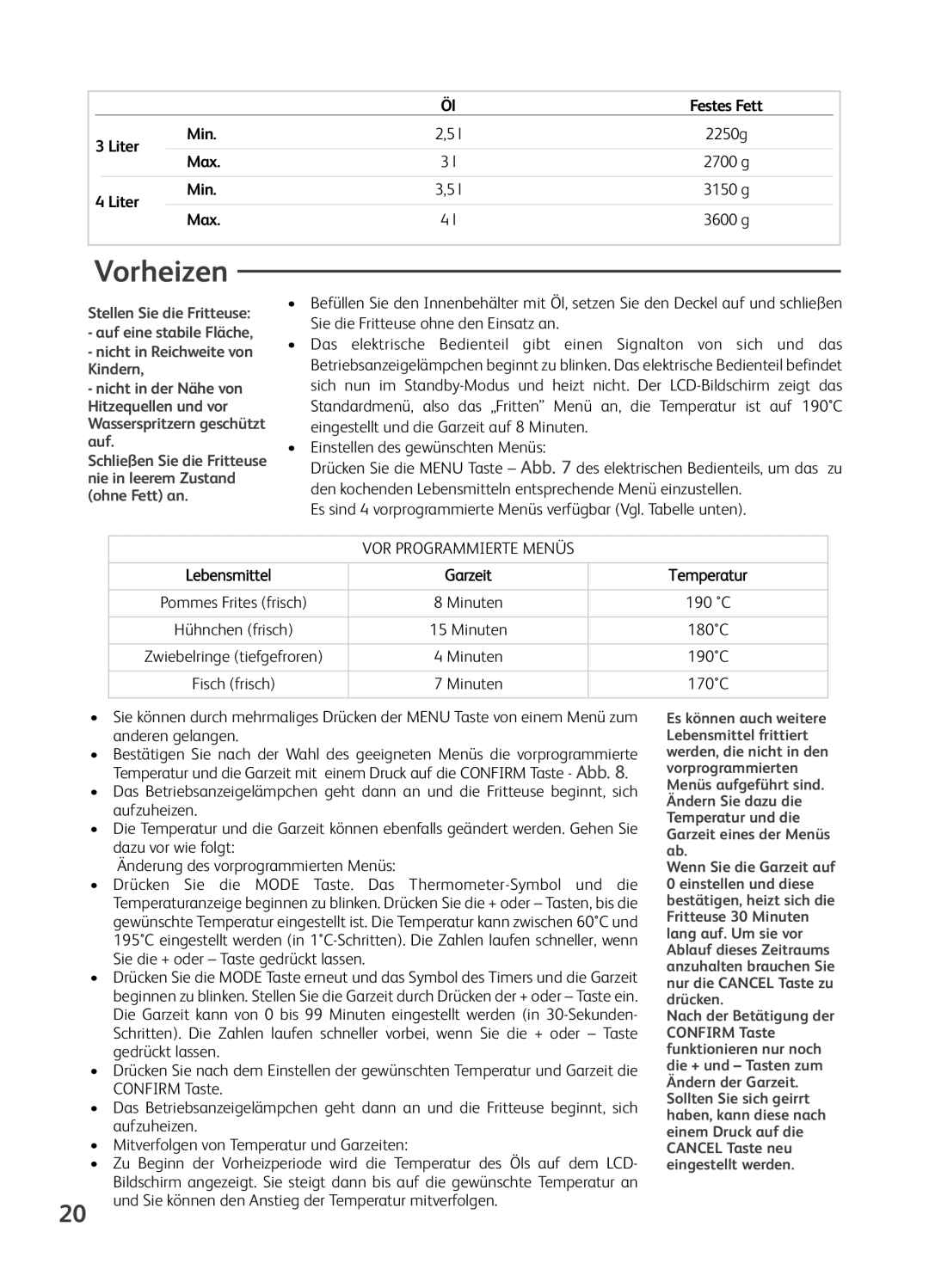 Tefal FR401650, FR401652, FR401670, FR401616, FR401615 manual Vorheizen 