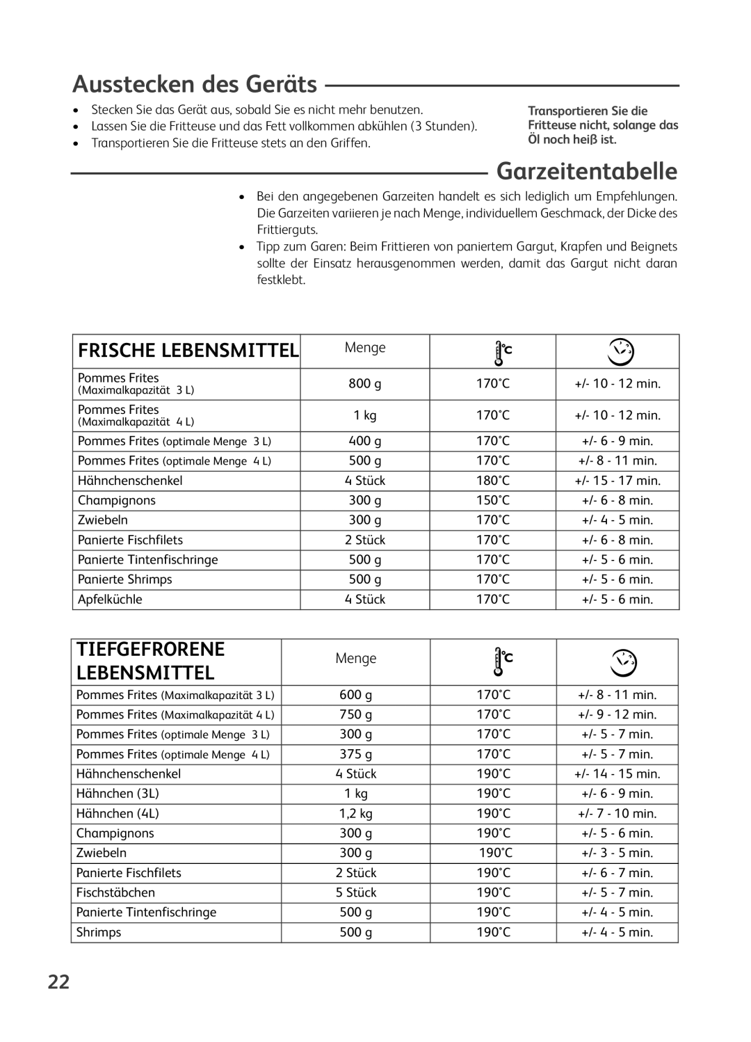 Tefal FR401670, FR401650, FR401652, FR401616, FR401615 manual Ausstecken des Geräts, Garzeitentabelle, Menge 