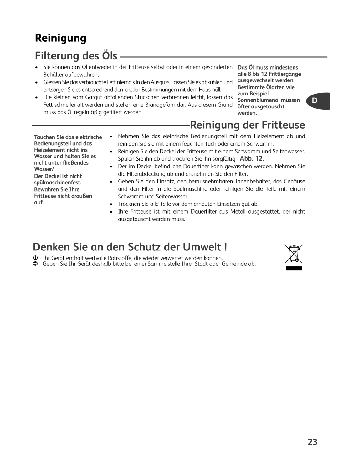 Tefal FR401616, FR401650, FR401652 manual Filterung des Öls, Reinigung der Fritteuse, Denken Sie an den Schutz der Umwelt 