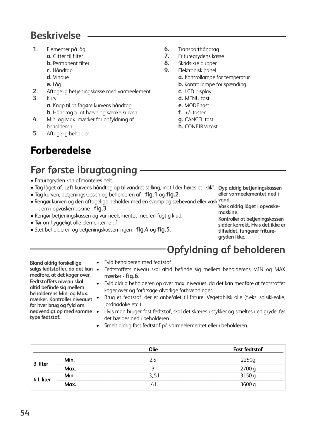 Tefal FR401615, FR401650, FR401652, FR401670 Beskrivelse, Forberedelse, Før første ibrugtagning, Opfyldning af beholderen 