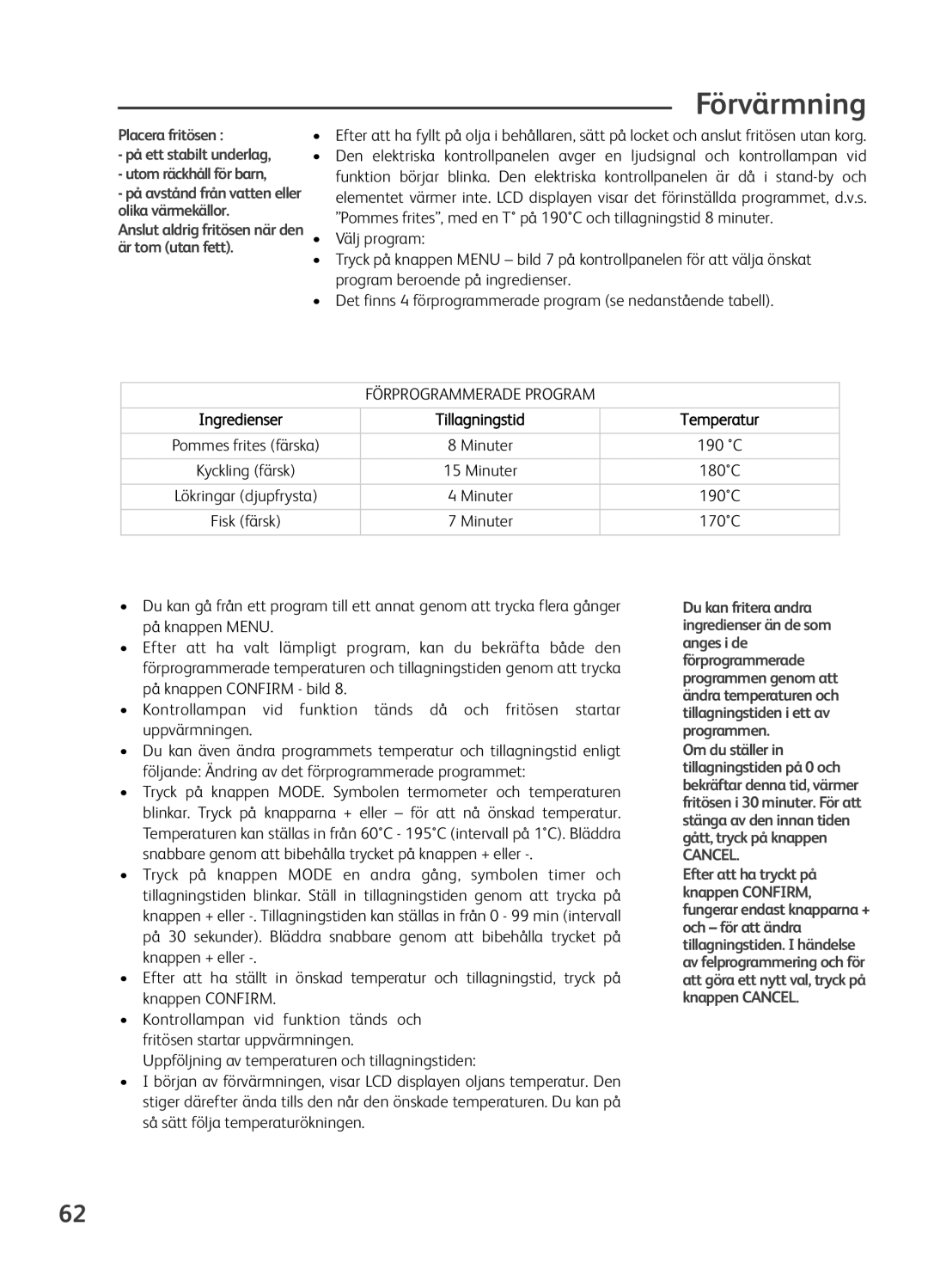 Tefal FR401670, FR401650, FR401652, FR401616, FR401615 manual Förvärmning, Ingredienser Tillagningstid Temperatur 