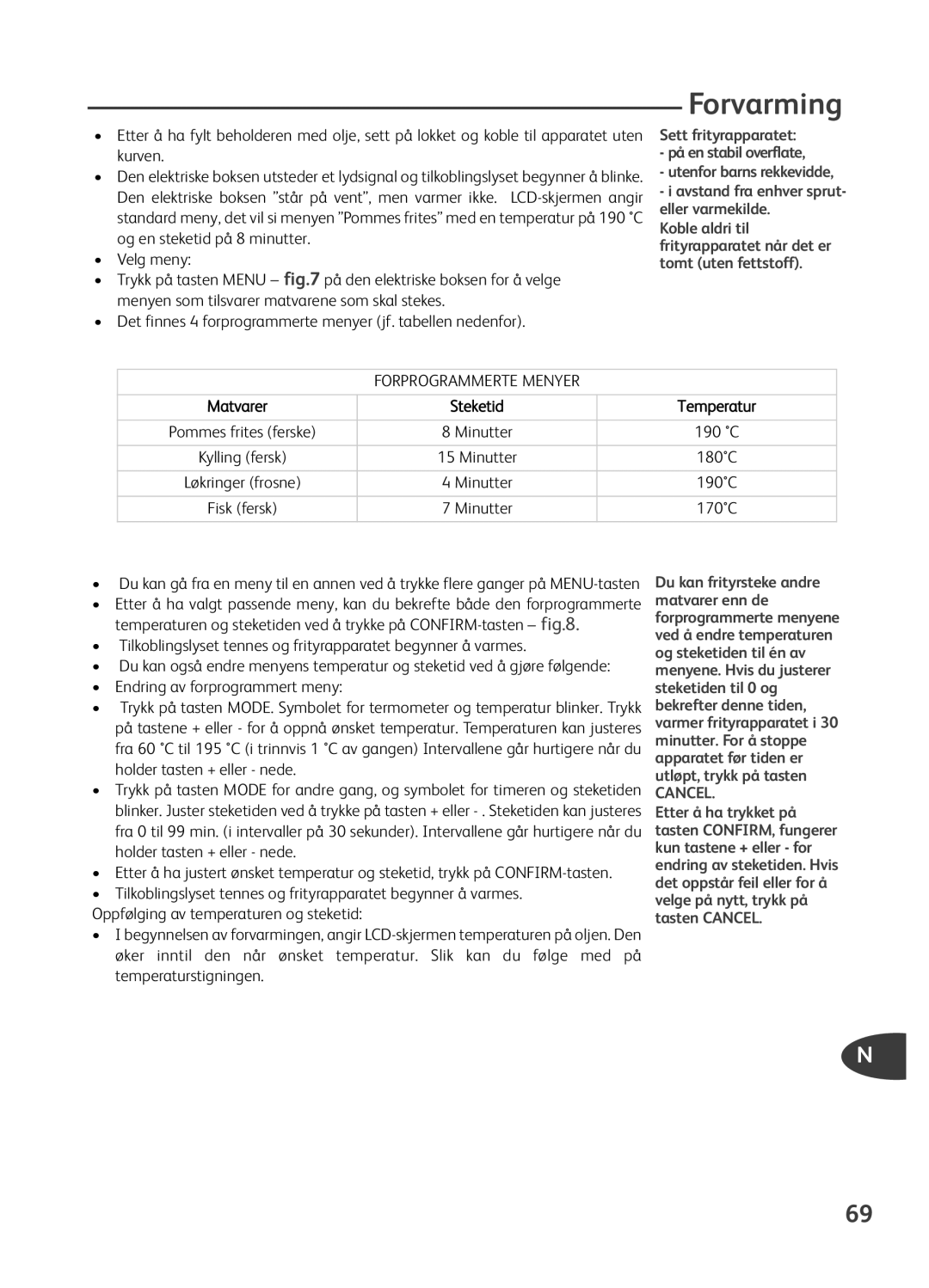 Tefal FR401615, FR401650, FR401652, FR401670, FR401616 manual Forvarming, Matvarer Steketid Temperatur 