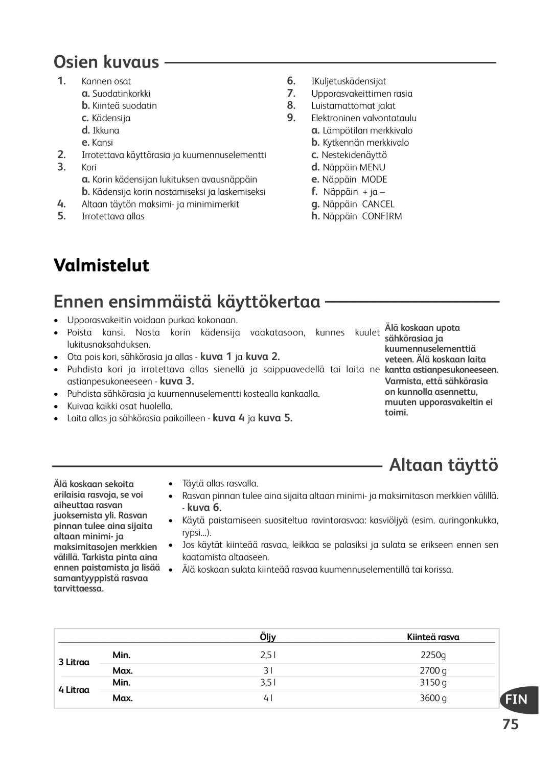 Tefal FR401650, FR401652, FR401670, FR401616 manual Osien kuvaus, Valmistelut, Ennen ensimmäistä käyttökertaa, Altaan täyttö 