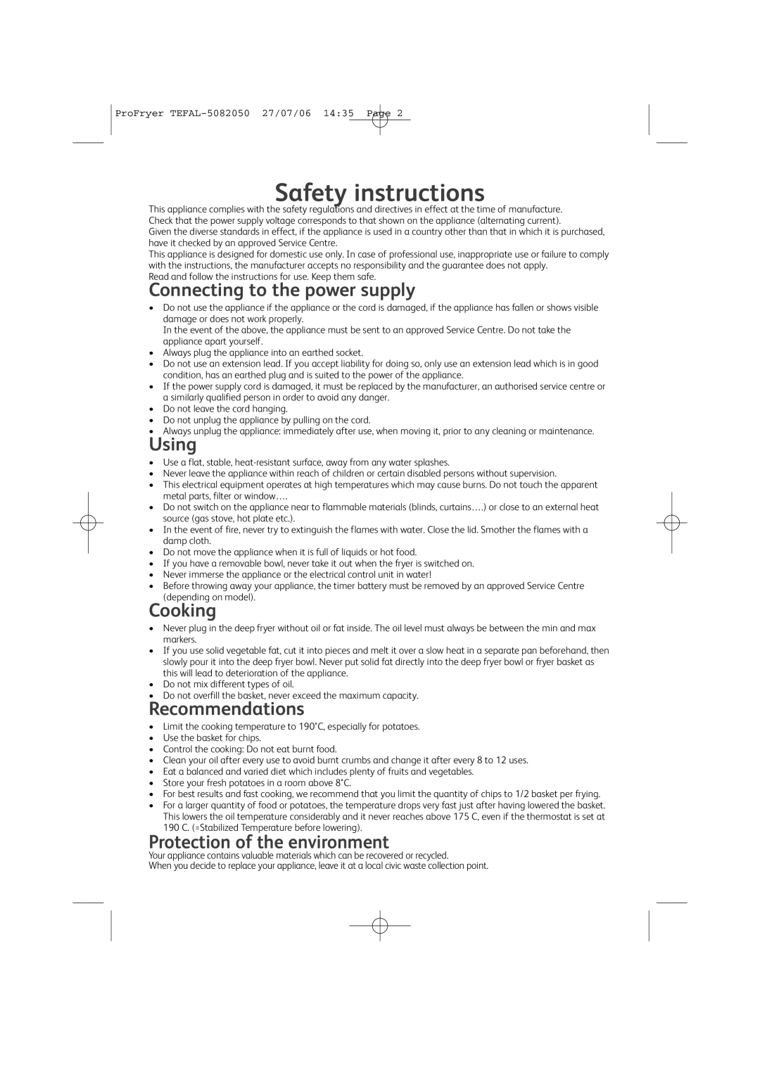 Tefal FR403930, FR403931 Connecting to the power supply, Using, Cooking, Recommendations, Protection of the environment 