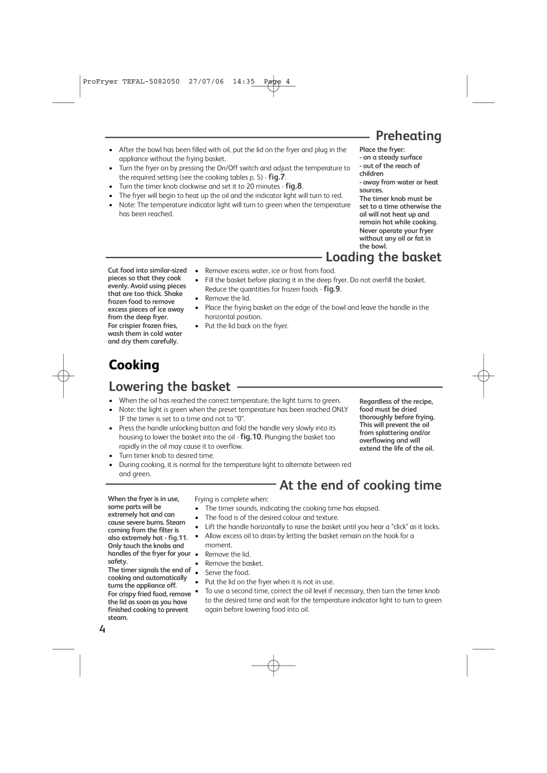 Tefal FR403930, FR403931 manual Preheating, Loading the basket, Lowering the basket, At the end of cooking time 