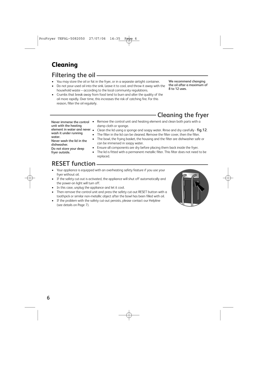 Tefal FR403930, FR403931 manual Filtering the oil, Cleaning the fryer, Reset function 