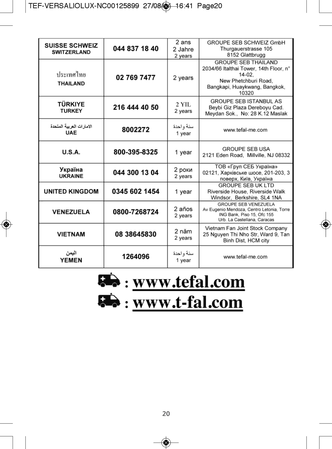 Tefal FR495027, FR4950CH, FR495028, FR495070 manual TEF-VERSALIOLUX-NC00125899 27/08/14 1641 Page20 