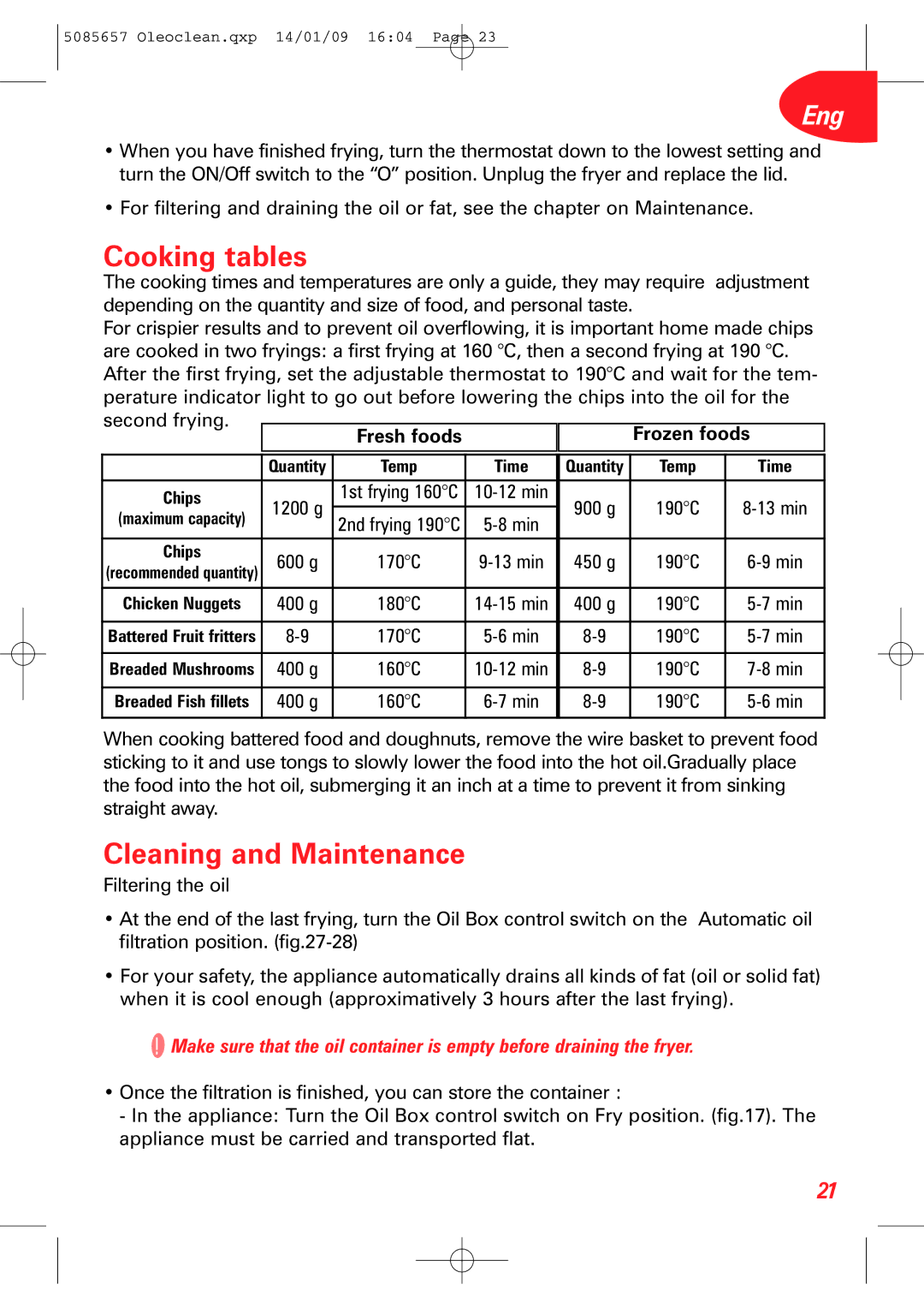 Tefal FR701370, FR701330+, FR701350+ manual Cooking tables, Cleaning and Maintenance, Fresh foods Frozen foods 