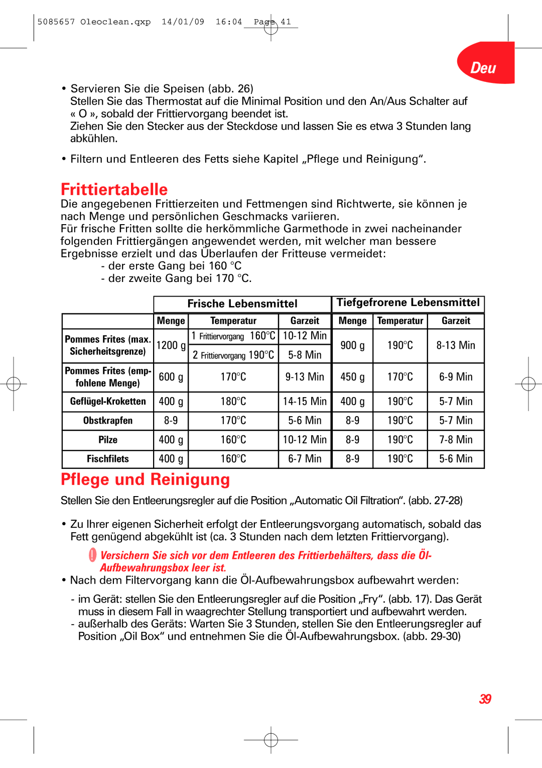 Tefal FR701330+, FR701350+ manual Frittiertabelle, Pflege und Reinigung, Frische Lebensmittel Tiefgefrorene Lebensmittel 