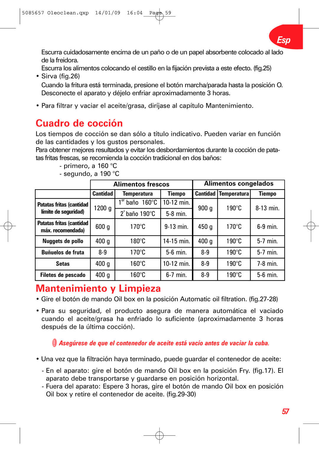 Tefal FR701370, FR701350, FR701330+ Cuadro de cocción, Mantenimiento y Limpieza, Alimentos frescos Alimentos congelados 