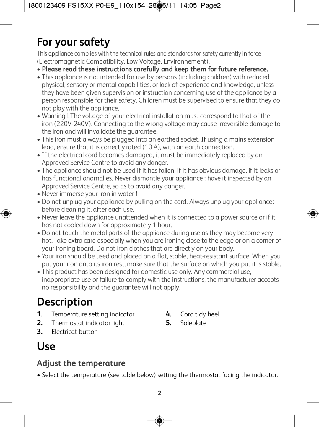 Tefal FS1545Y0, FS1520E0, FS1545T0 manual For your safety, Description, Use, Adjust the temperature 