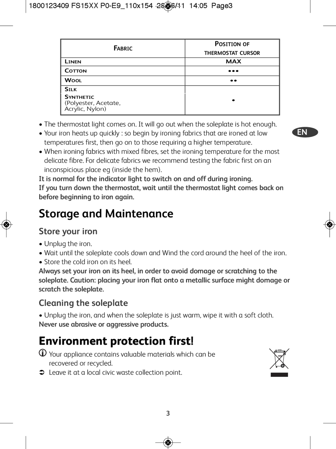 Tefal FS1545T0, FS1520E0 Storage and Maintenance, Environment protection first, Store your iron, Cleaning the soleplate 