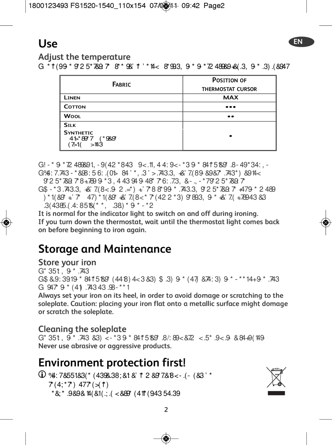 Tefal FS1540M0, FS1520K0, FS4530E0, FS1545P0, FS1540E0, FS1520P0 manual Storage and Maintenance, Environment protection first 