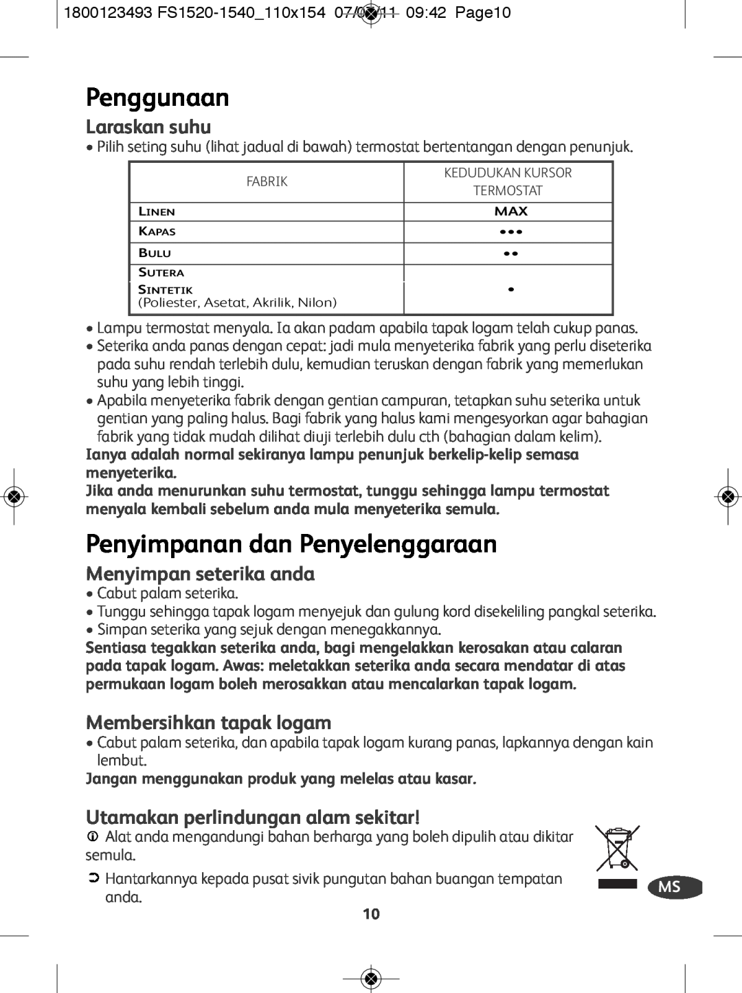 Tefal FS1545P0, FS1520K0, FS1540M0 manual Penggunaan, Penyimpanan dan Penyelenggaraan, Laraskan suhu, Menyimpan seterika anda 