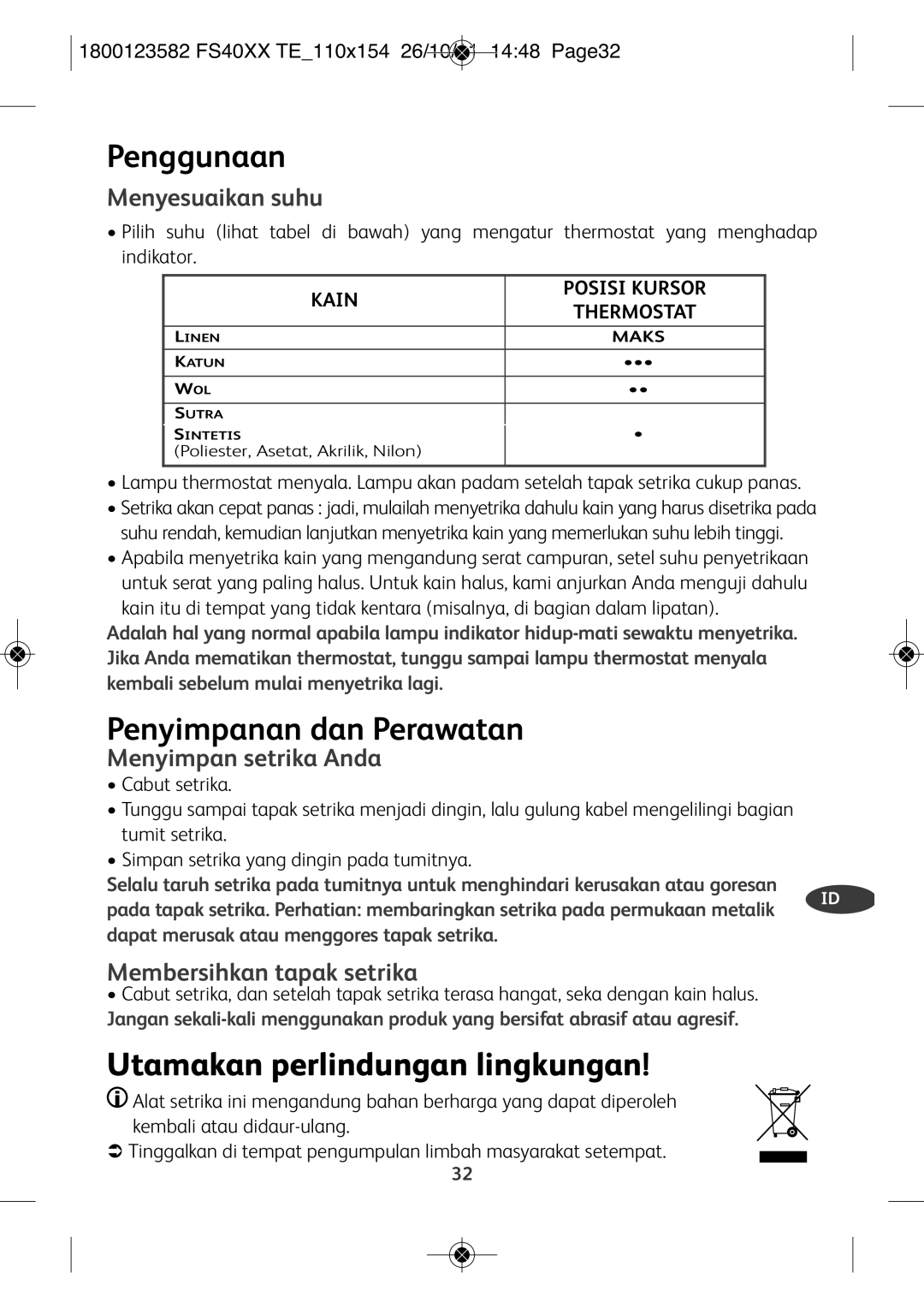 Tefal FS2520T0, FS1520T0, FS4020M0, FS4020K0 manual Penggunaan, Penyimpanan dan Perawatan, Utamakan perlindungan lingkungan 