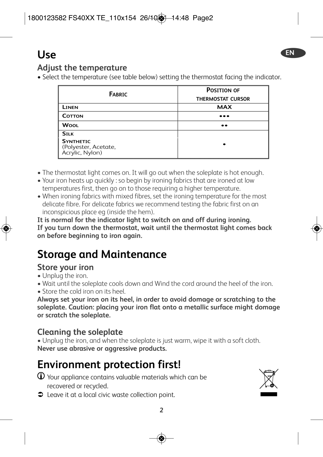 Tefal FS4020K0, FS1520T0, FS2520T0, FS4020M0 manual Use, Storage and Maintenance, Environment protection first 