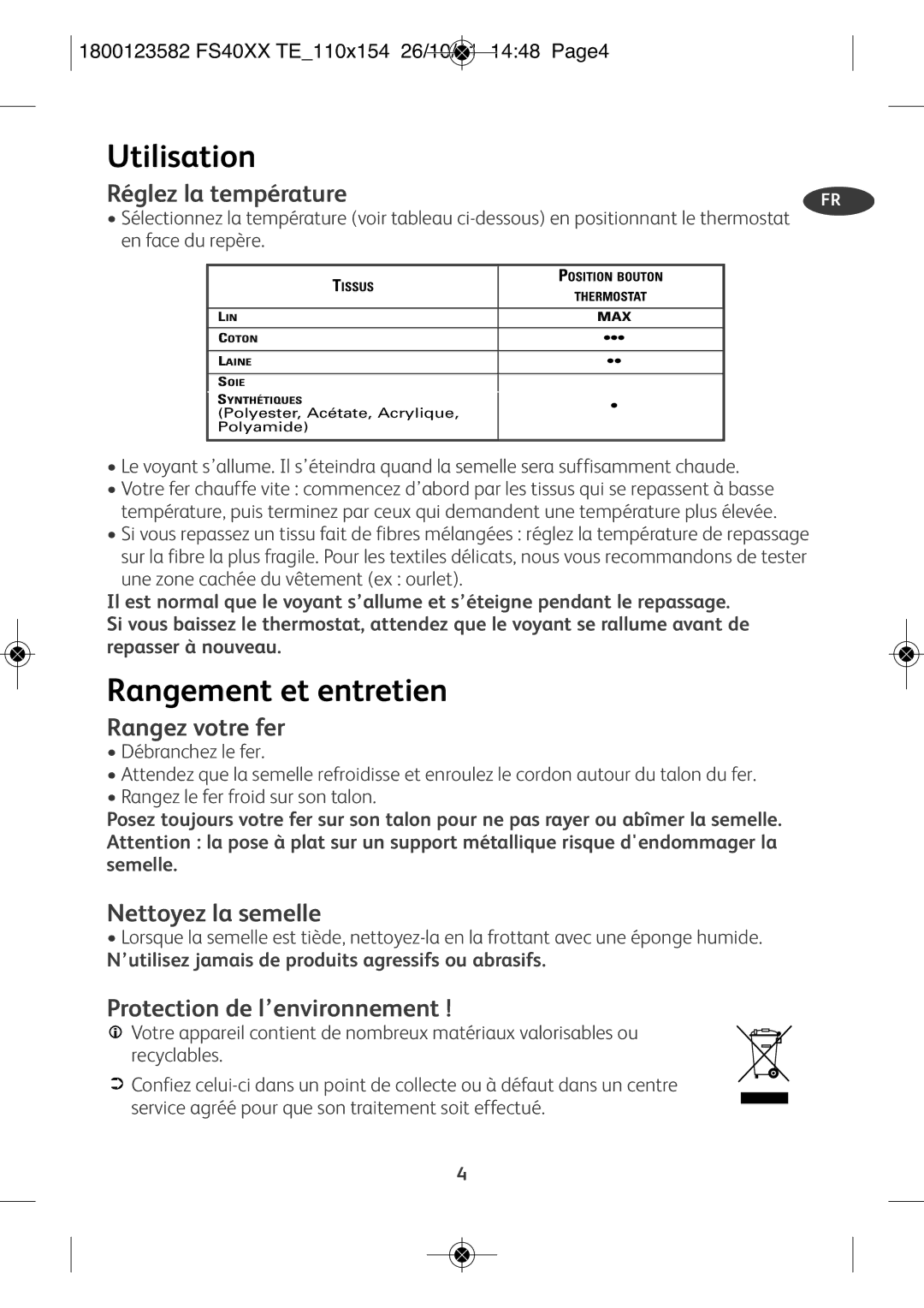 Tefal FS2520T0, FS1520T0, FS4020M0, FS4020K0 manual Utilisation, Rangement et entretien 