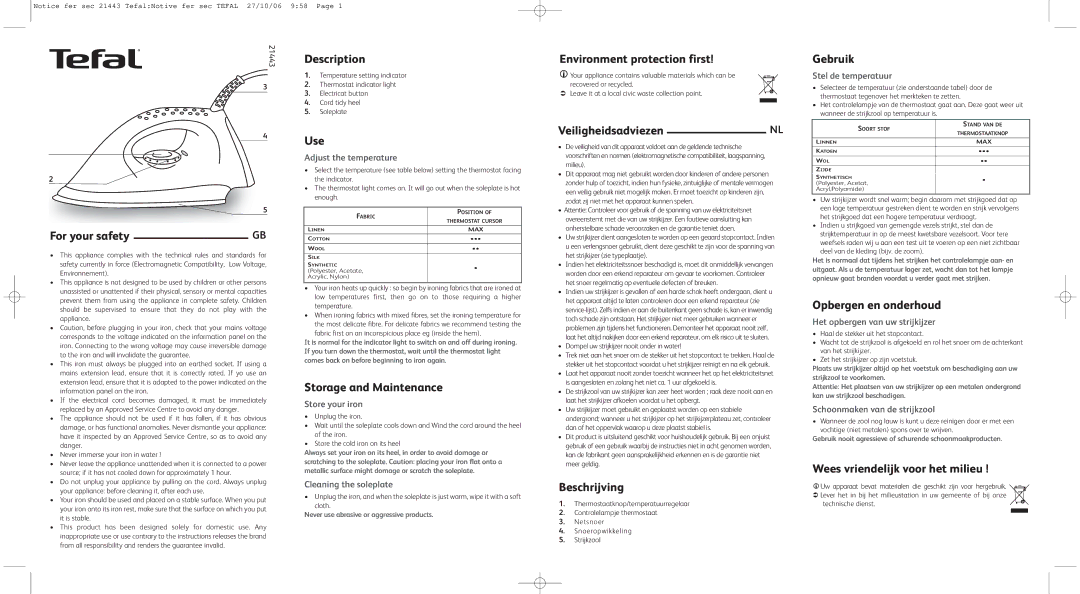 Tefal FS1540Y0 manual For your safety, Description, Use, Storage and Maintenance, Environment protection first, Gebruik 