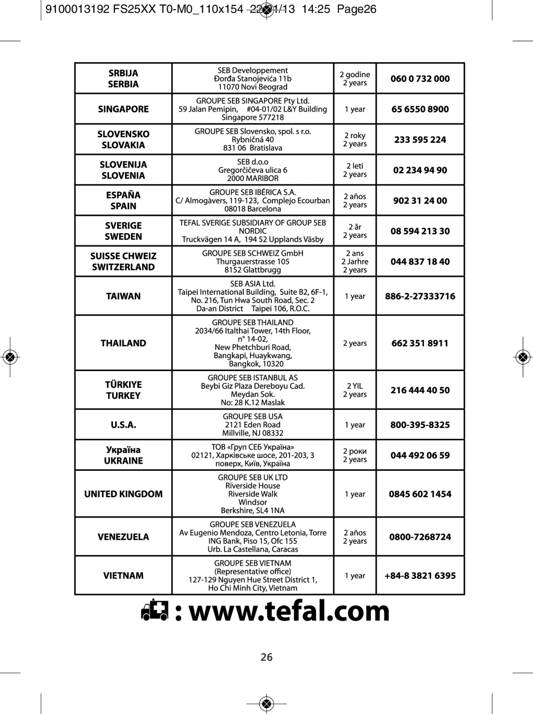 Tefal FS2525M0, FS2810M0, FS2520M0 manual 9100013192 FS25XX T0-M0110x154 22/01/13 1425 Page26 