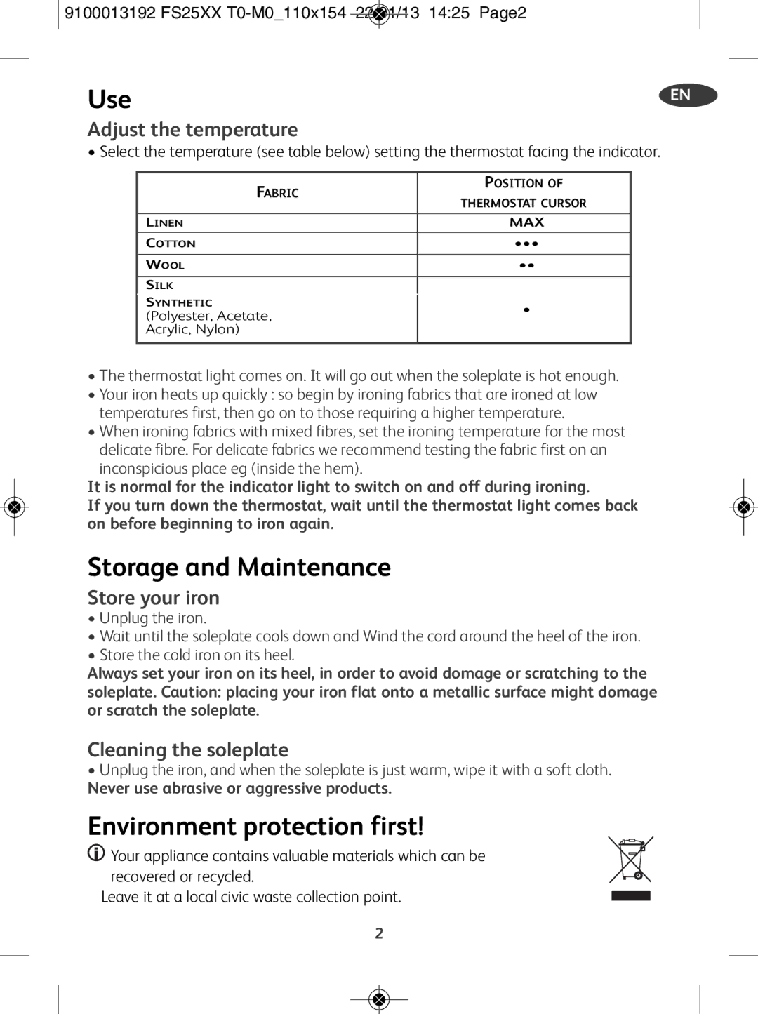 Tefal FS2525M0, FS2810M0, FS2520M0 manual Storage and Maintenance, Environment protection first 