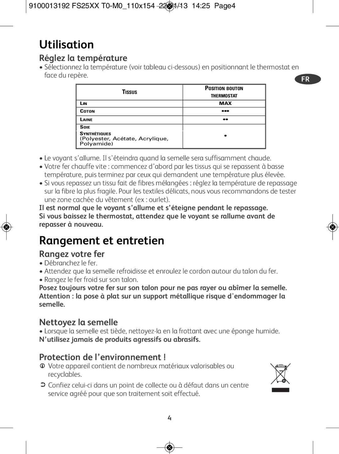 Tefal FS2810M0, FS2525M0, FS2520M0 manual Utilisation, Rangement et entretien 