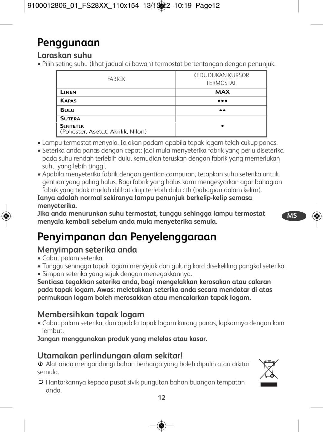 Tefal FS4035M0, FS2820E0 manual Penggunaan, Penyimpanan dan Penyelenggaraan 