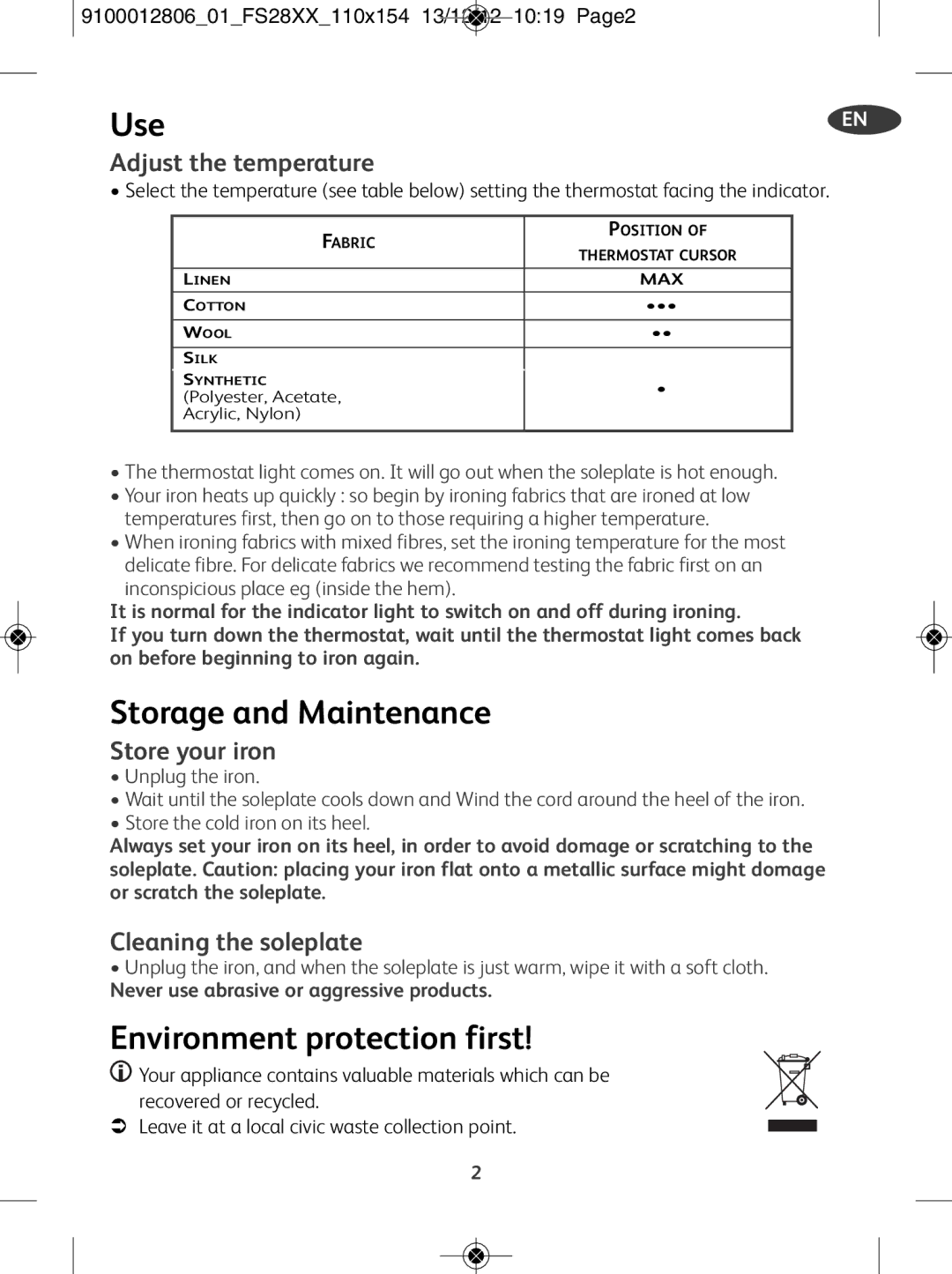 Tefal FS4035M0, FS2820E0 manual Storage and Maintenance, Environment protection first 