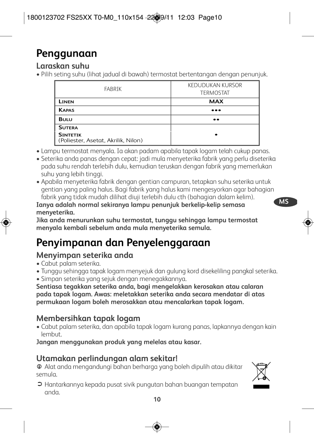 Tefal FS2525T0, FS4030K0 manual Penggunaan, Laraskan suhu 