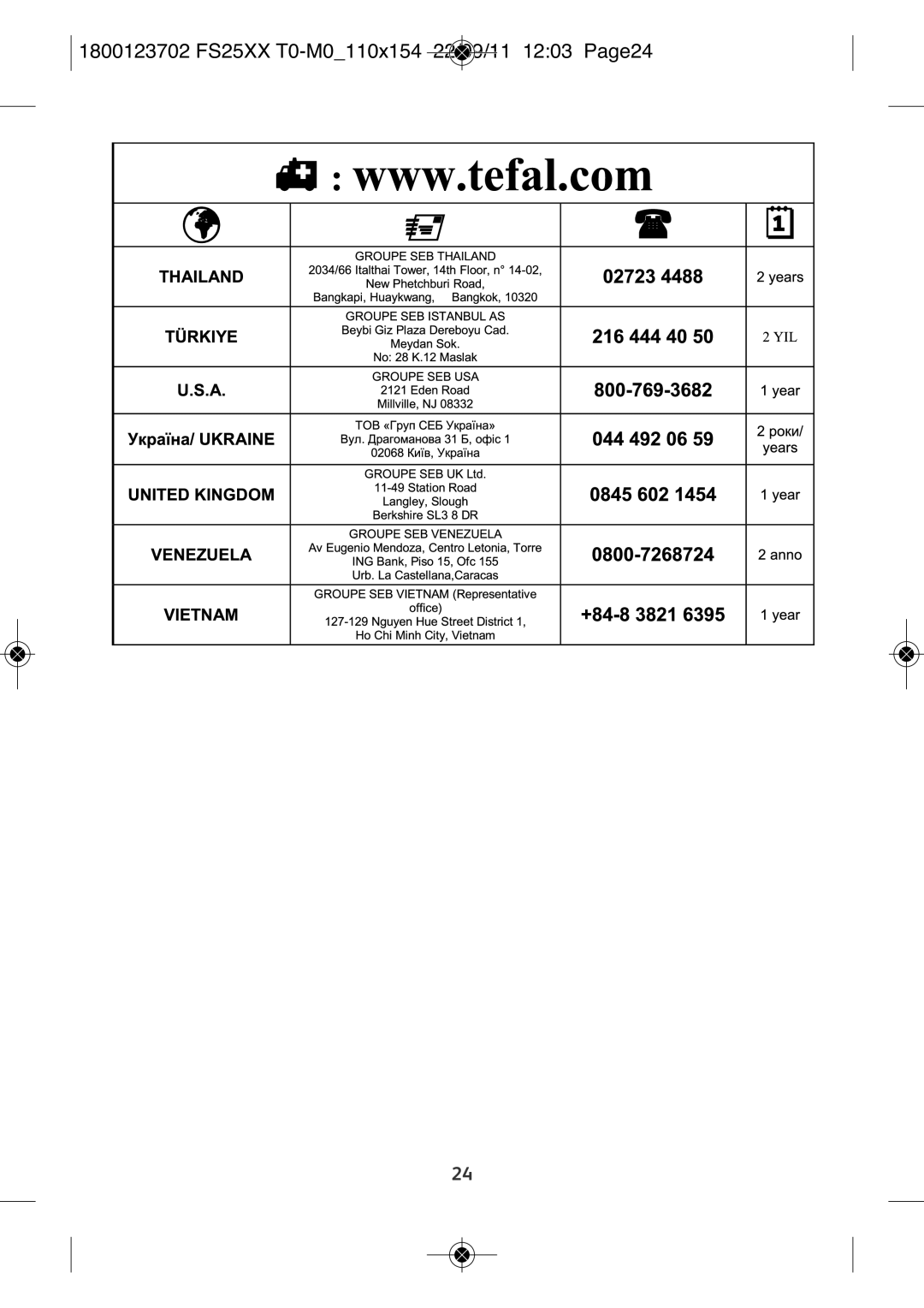 Tefal FS4030K0, FS2525T0 manual 1800123702 FS25XX T0-M0110X154 22/09/11 1203 PAGE24 