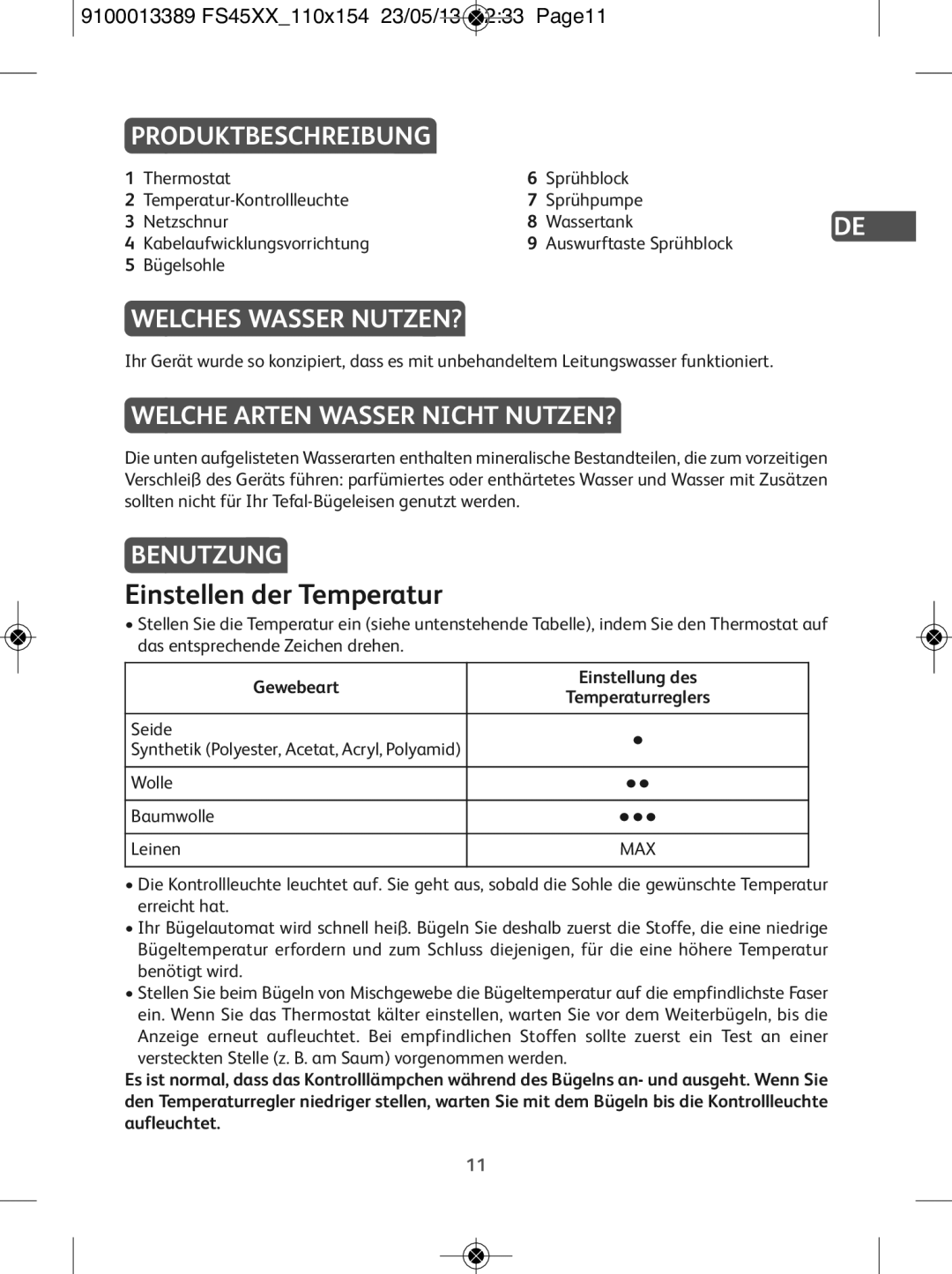 Tefal FS2510E0 Einstellen der Temperatur, Produktbeschreibung, Welches Wasser NUTZEN?, Welche Arten Wasser Nicht NUTZEN? 