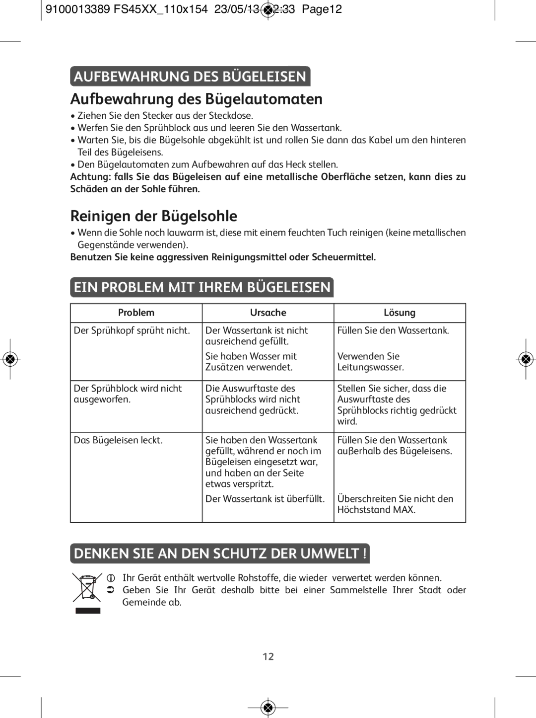 Tefal FS4530T0, FS4530M0, FS2525E0 Aufbewahrung des Bügelautomaten, Reinigen der Bügelsohle, Aufbewahrung DES Bügeleisen 