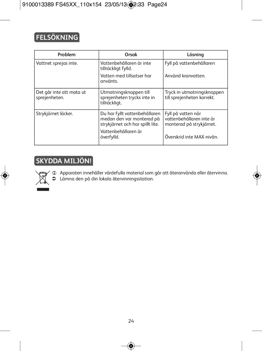 Tefal FS4530T0, FS4530M0, FS2525E0, FS2510E0 manual Felsökning, Skydda Miljön, Problem Orsak Lösning 