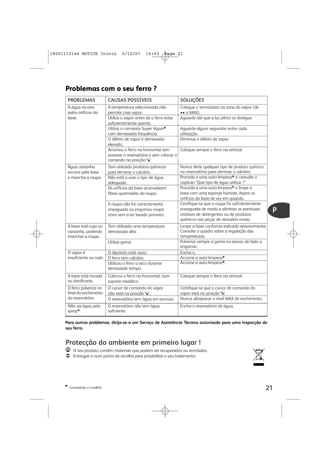 Tefal FV1114E0, FV1114E1 Problemas com o seu ferro ?, Protecção do ambiente em primeiro lugar, Causas Possíveis, Soluções 