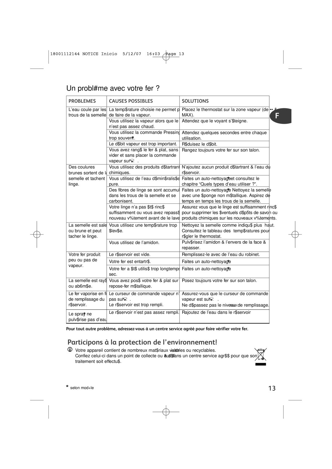 Tefal FV1115E0 manual Un problème avec votre fer ?, Participons à la protection de l’environnement 