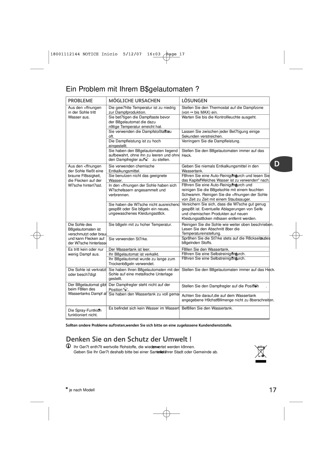 Tefal FV1115E0 manual Ein Problem mit Ihrem Bügelautomaten ?, Denken Sie an den Schutz der Umwelt 